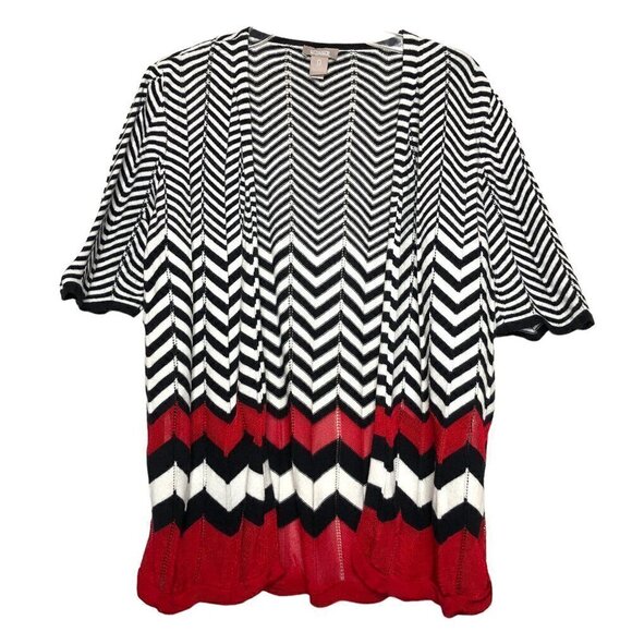 𝅺chico’s Size 0 Cotton Red, White & Black Chevron Short Sleeve Cardigan - Size S - Picture 1 of 4